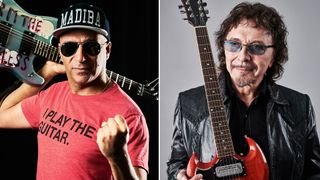 LEFT: Tom Morello, photographed backstage with his guitar before a live solo performance at Ashton Gate Stadium in Bristol, England on June 5, 2019. RIGHT: Description : Tony Iommi, guitarist with heavy metal group Black Sabbath, photographed at the Lygon Arms hotel in Worcestershire, England, on January 7, 2020. 