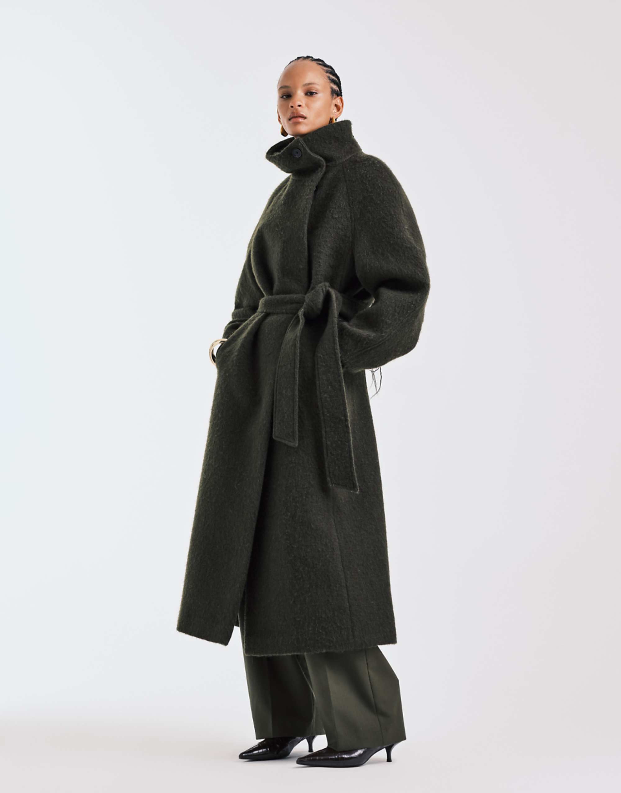 Asos Design Premium Brushed Wool Blend Oversized Funnel Neck Coat in Khaki