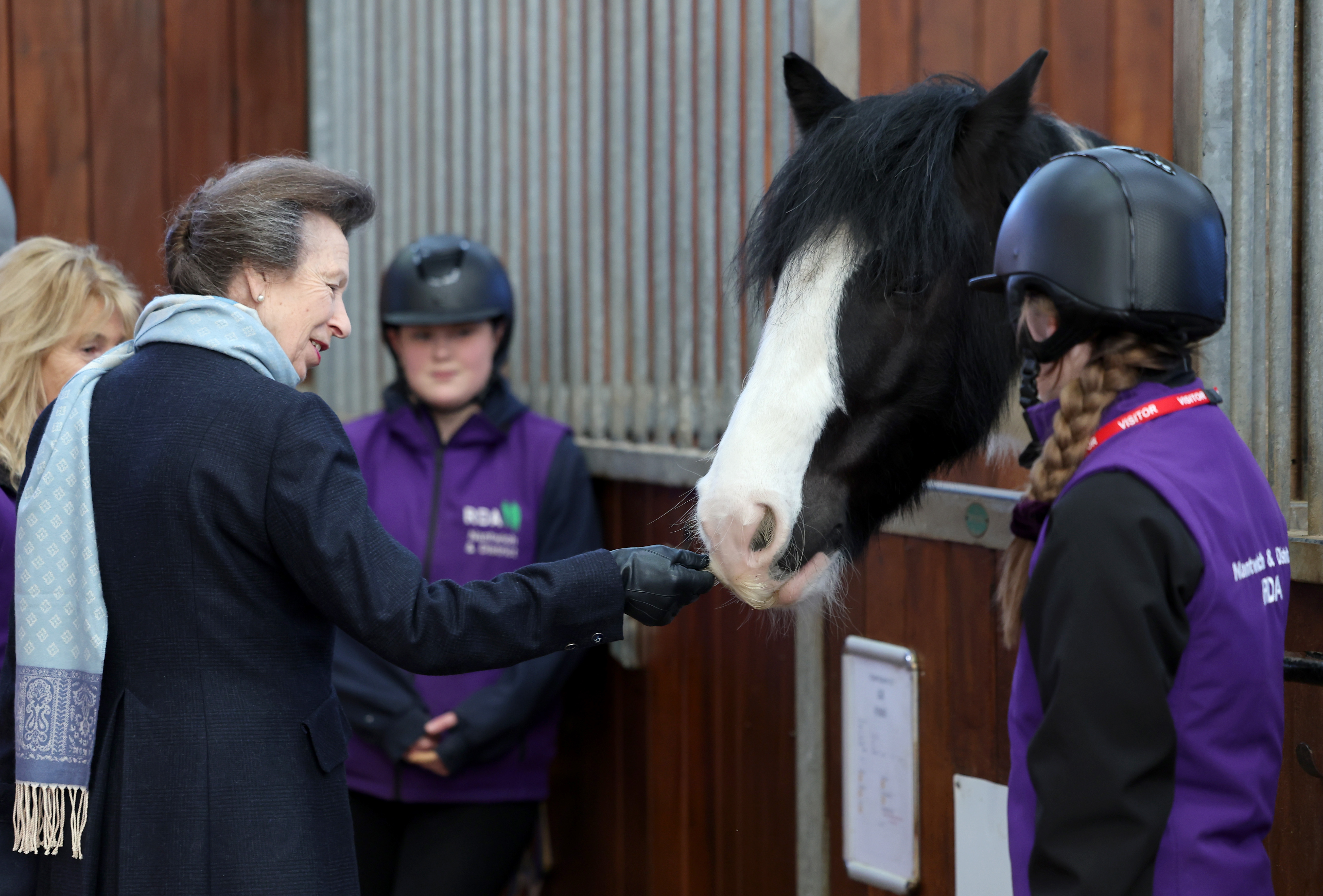 Princess Anne petting a black and white horse