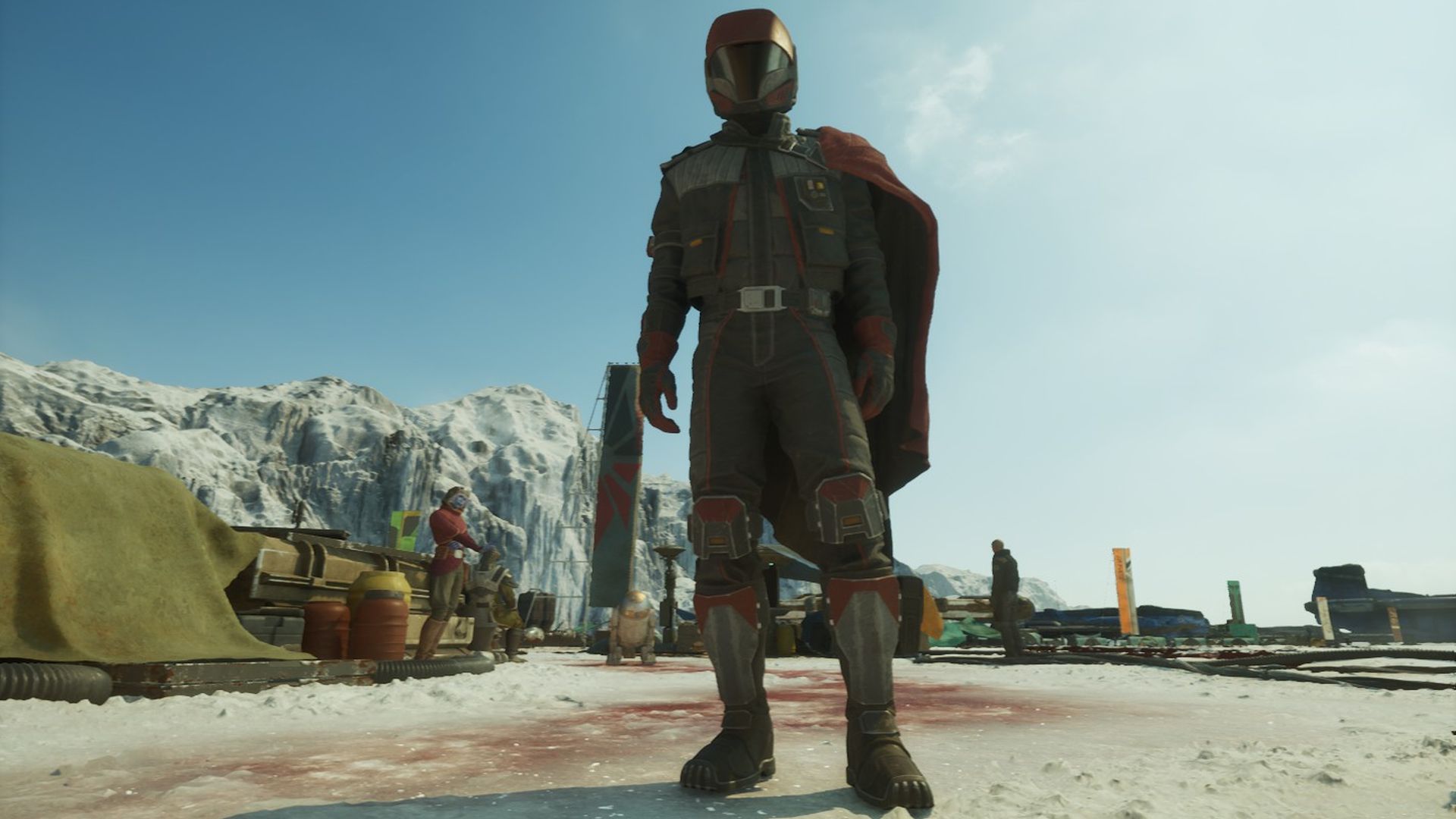 Shade, the protagonist of Star Wars: Galactic Racer, dressed in a red half-cape and matching helmet