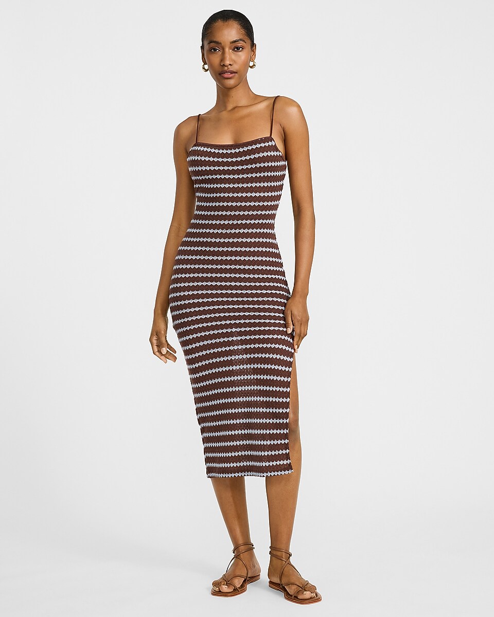Crochet Striped Square Neck Midi Sheath Dress