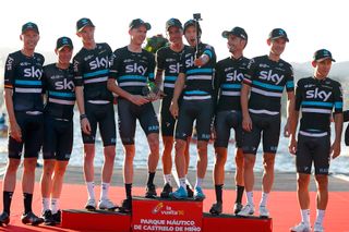 Team Sky riders celebrate winning stage 1