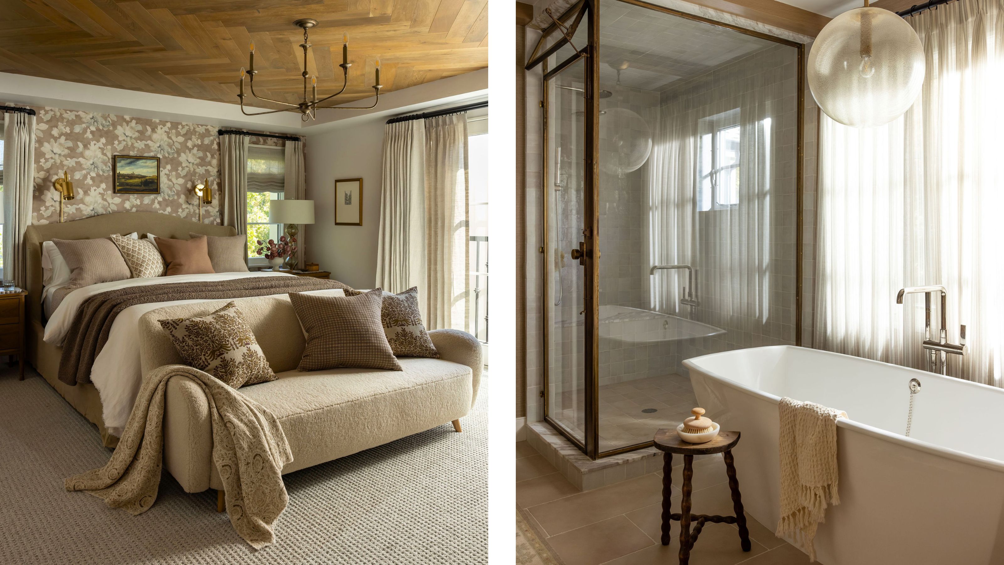 two side by side images of a layered primary bedroom with a wooden ceiling, floral wallpaper, layered linens and a bathroom with brass and glass shower enclosure