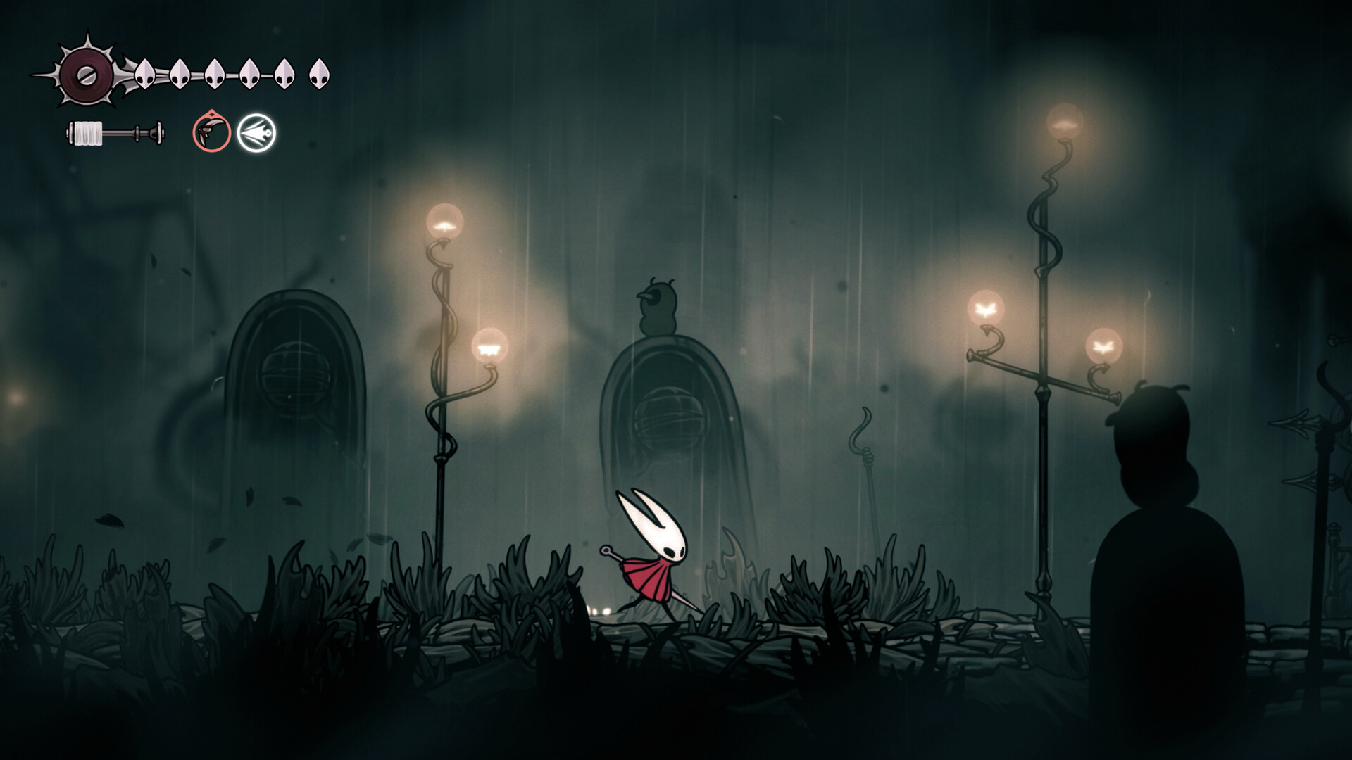 In Hollow Knight: Silksong, protagonist Hornet runs through a dark, rainy graveyard