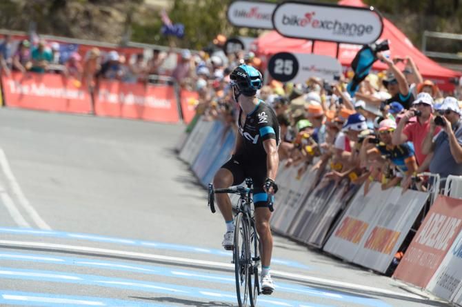 Richie Porte (Sky) checks behind for Rohan Dennis (BMC) on top if Willunga Hill..