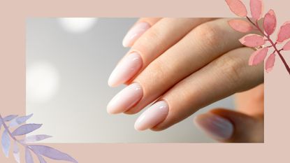 Hand with a nude pink manicure as wedding guest nail designs on pink border