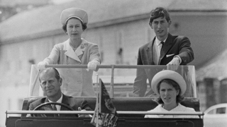 Queen Elizabeth II with Charles, Prince of Wales, Prince Philip, Duke of Edinburgh, and Anne, Princess Royal during a visit to the Isles of Scilly, 1967