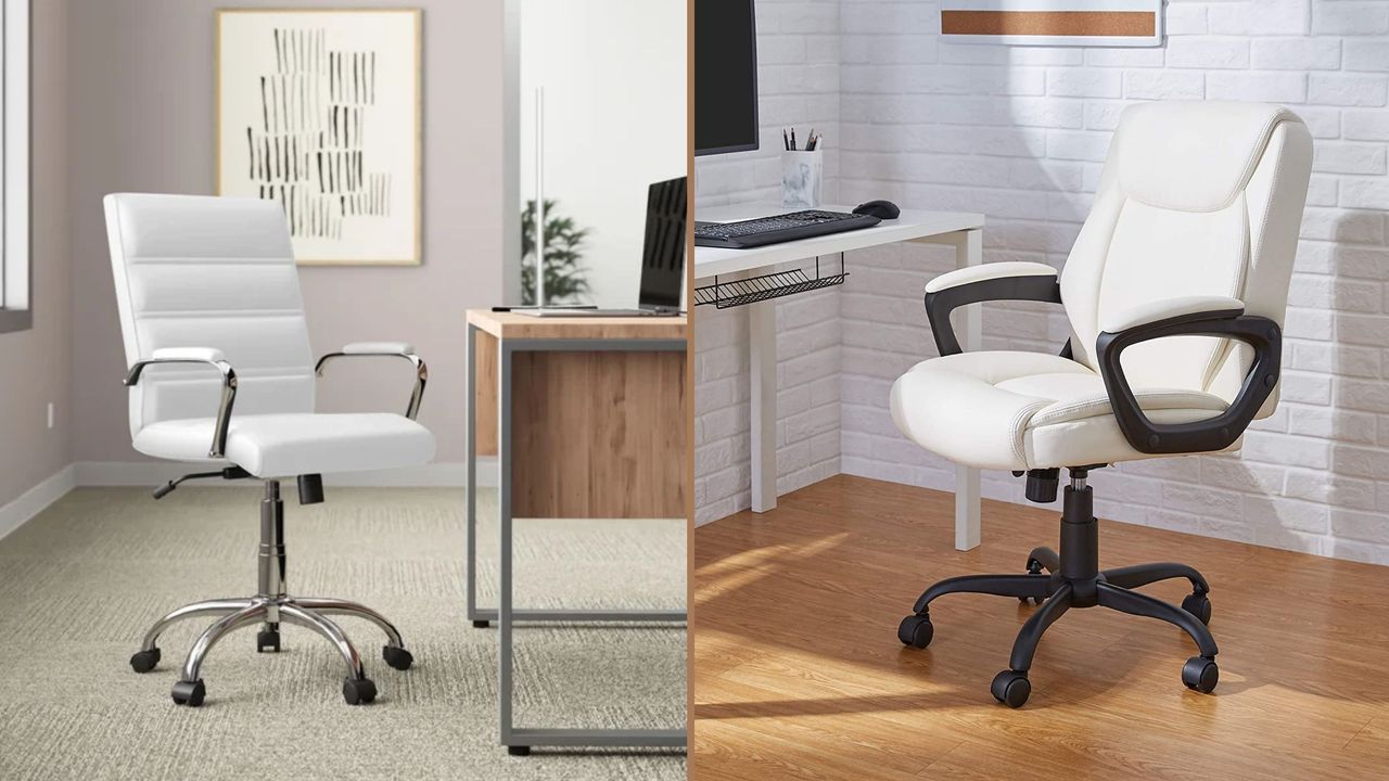 Wayfair white faux leather office chair in an office, and an Amazon white faux leather desk chair in a corner of a room by a desk