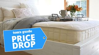 Naturepedic Serenade Organic Hybrid Mattress on a white bedframe with a blue price drop sales image overlaid