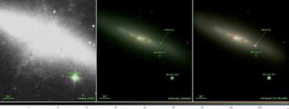 The two images at left and center show the central portions of galaxy M82 prior to the supernova explosion. The right image shows supernova SN2014J taken by the FLITECAM instrument on the SOFIA observatory on February 20, 2014.