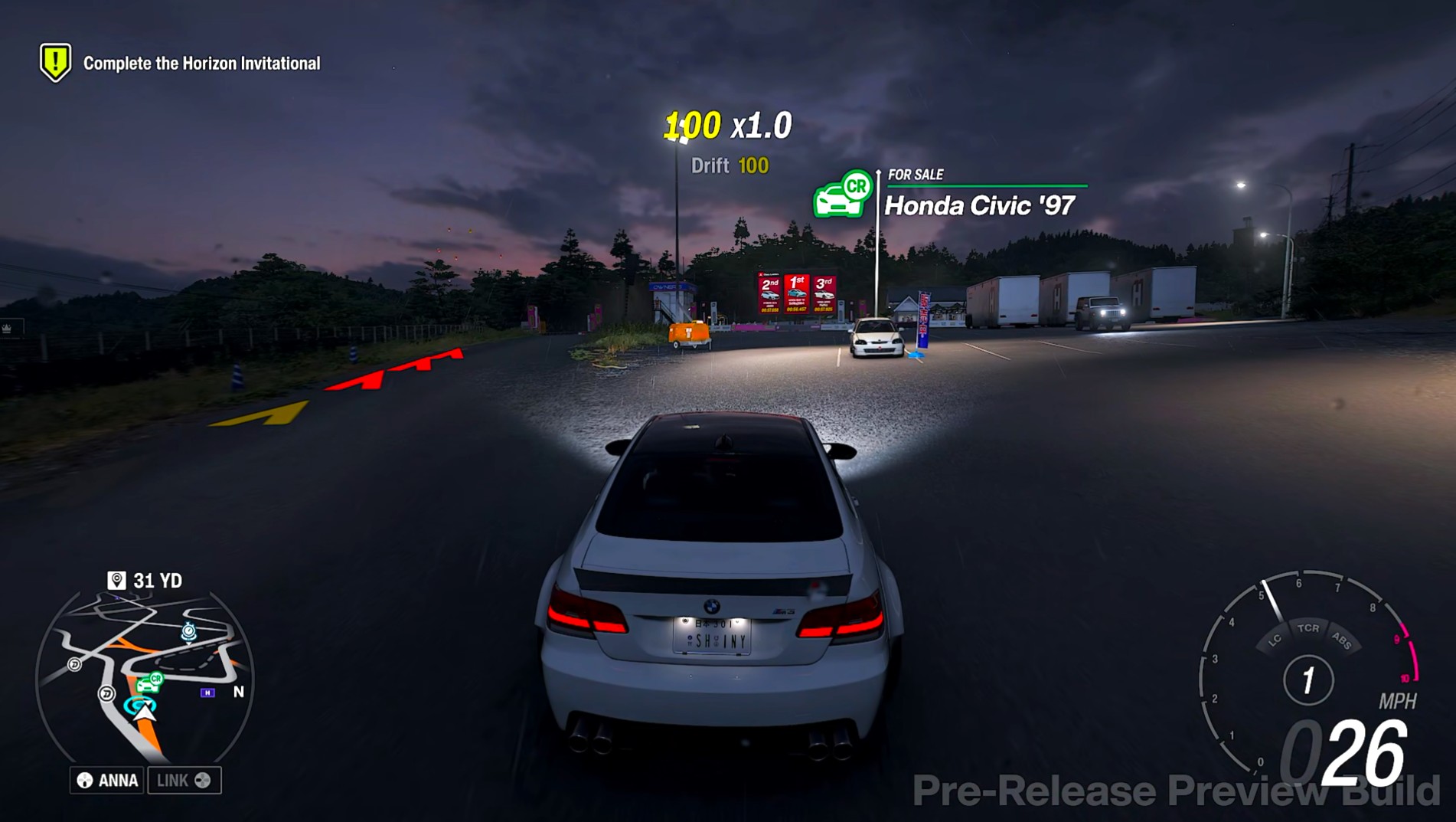 A screenshot of Forza Horizon 6 approaching an aftermarket cars buy point in a white BMW M3 to buy a white Honda Civic Type R.