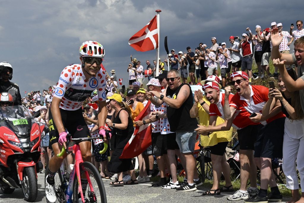 Magnus Cort in the mountain classification jersey at the Tour de France