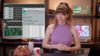A still from a YouTube video showing the host standing next to an overlay of a CPU-hogging audio plugin