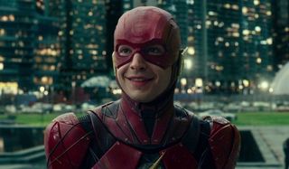 Justice League The Flash smiling as he meets Superman