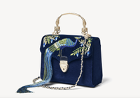 Peacock Hand Embroidery on Navy Velvet Limited edition Bag, $2400 (£1950) | Aspinal of London