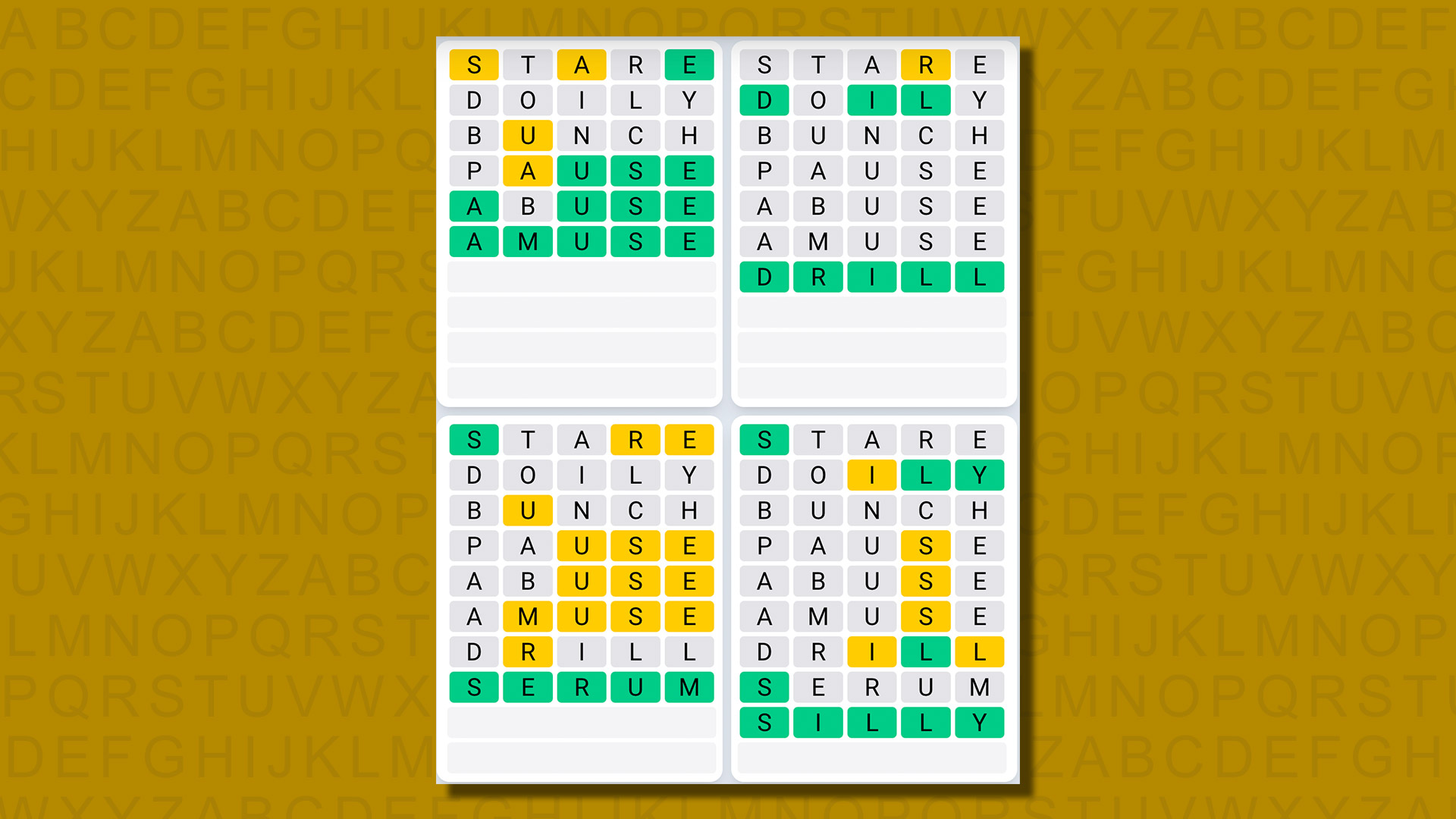 Ежедневная последовательность ответов Quordle для игры 661 на желтом фоне