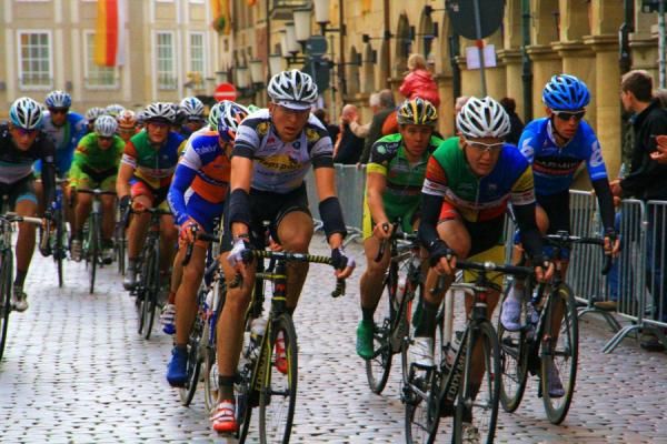 The peloton passes the historic city center