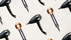Collage of multiple Dyson Supersonic and ghd Helios hair dryers at an angle against an off-white background 