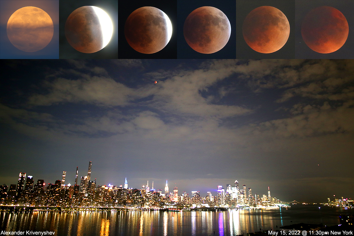 Another series of shots of the total lunar eclipse over New York City, photographed by Alexander Krivenyshev on May 15, 2022.