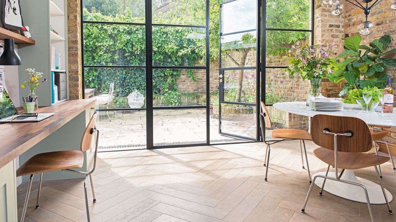 herringbone flooring in open plan living area