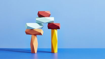 Colorful geometrical shapes stacked on top of each other.