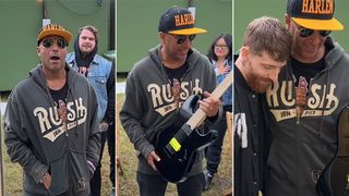 Sean Long gifting Tom Morello his signature Charvel