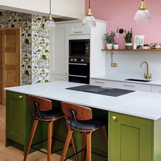 best colour combinations, lime green and pink kitchen, wallpaper, green kitchen island