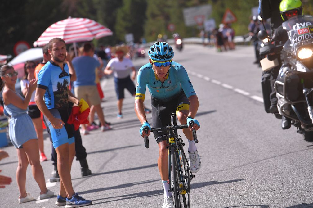 Miguel Angel Lopez en route to victory on stage 15 of the Vuelta a Espa&ntilde;a