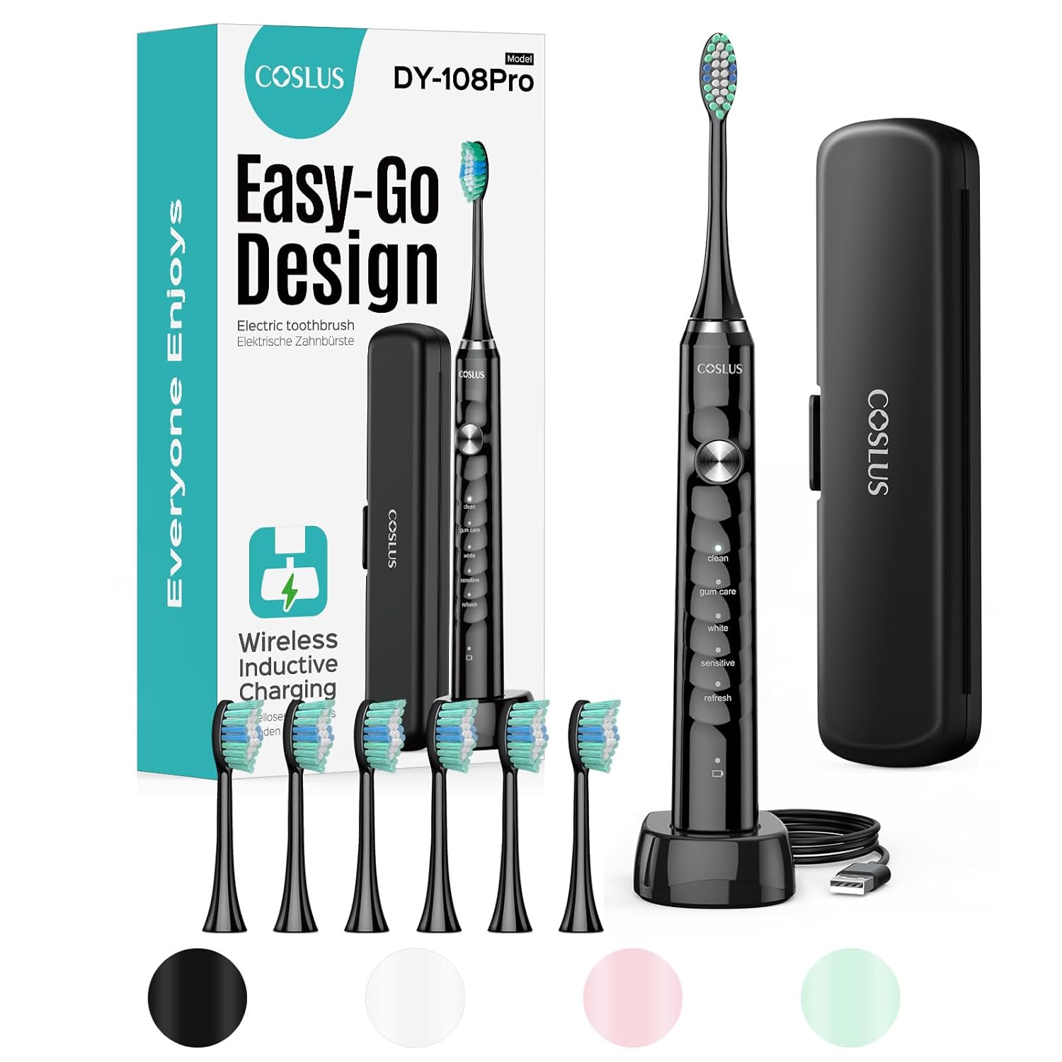 Coslus Sonic Electric Toothbrush for Adults: 47000 Vpm for Deep Cleaning &amp;amp; Whitening With Travel Case - 5 Modes for Sensitive Teeth &amp;amp; Braces, Wireless Charging, 6 Brush Heads for Home Family, Black