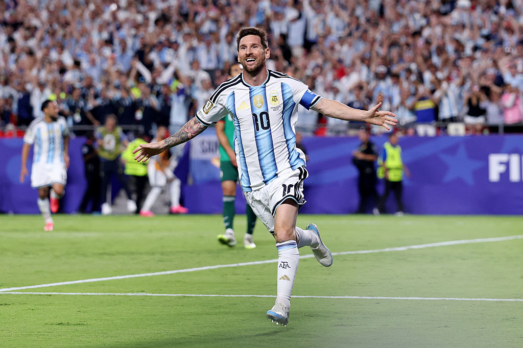 KANSAS CITY, MISSOURI - JUNE 16: Lionel Messi #10 of Argentina celebrates scoring his team&amp;apos;s second goal during the FIFA World Cup 2026 Group J match between Argentina and Algeria at Kansas City Stadium on June 16, 2026 in Kansas City, Missouri. (Photo by Michael Steele/Getty Images)