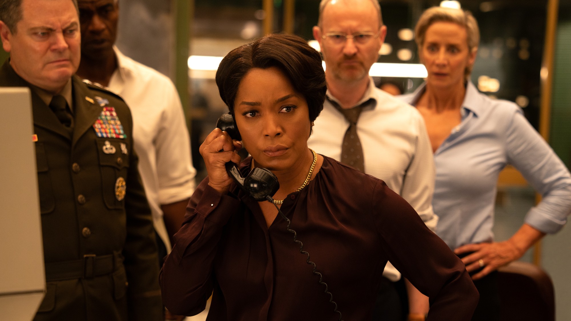 Nick Offerman, Charles Parnell, Angela Bassett on the phone, Mark Gatiss and Janet McTeer in Mission: Impossible - The Final Reckoning