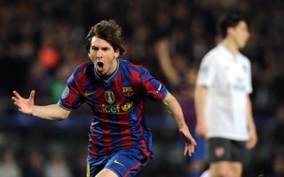 Lionel Messi celebrates after scoring for Barcelona against Arsenal in the Champions League in April 2010.