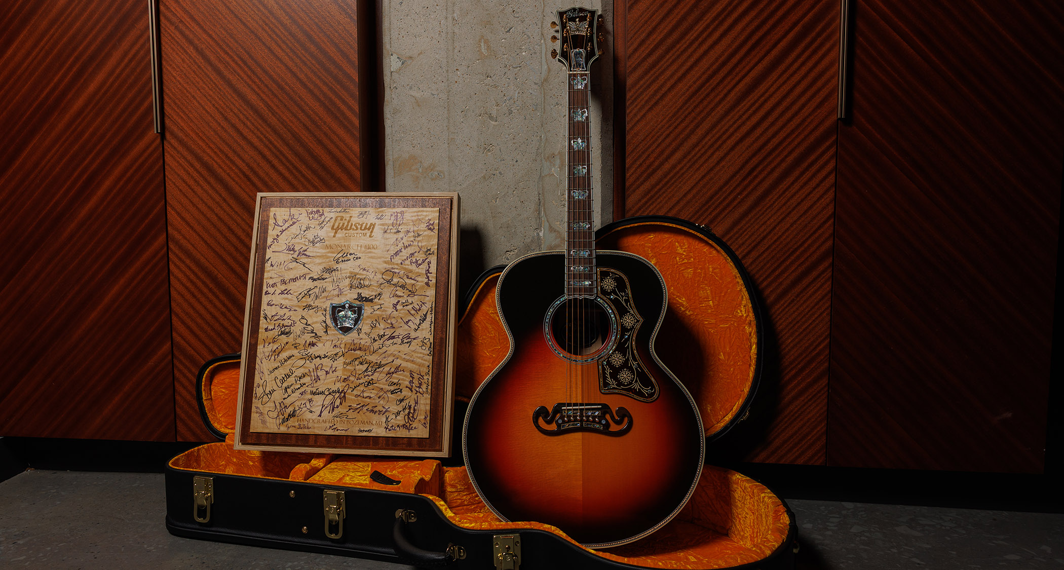 Gibson Custom SJ-200 Monarch #100: this stunning one-of-one jumbo is replete with all kinds of rococo flourishes, from the diamond and gold crown inlay on the headstock, to the 14k gold rope binding, Gibson calls it the "ultimate custom" acoustic and not without some justification.