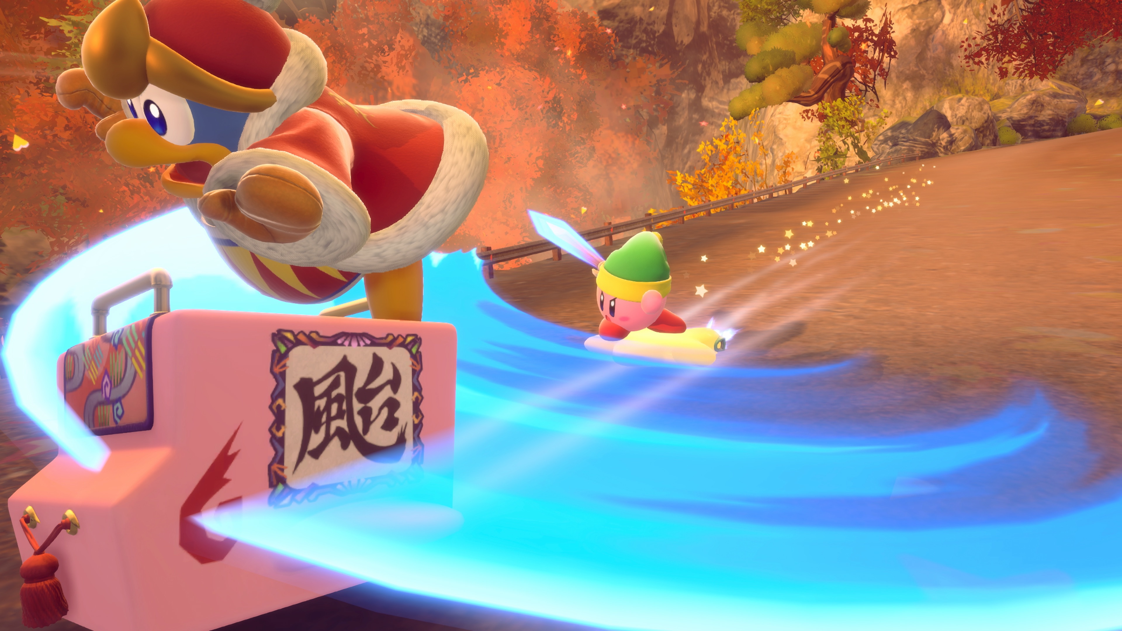 Kirby wears Link&#039;s green cap, and swipes at a rivals using the Master Sword