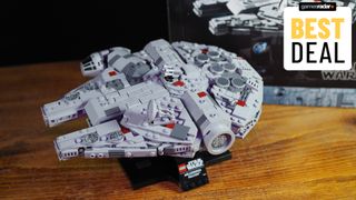 Lego Millennium Falcon set on a wooden table, with the box in the background and a 'best deal' badge in the top right-hand corner of the frame