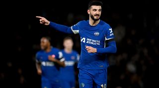 LONDON, ENGLAND - JANUARY 23: Armando Broja of Chelsea celebrates scoring his team's first goal during the Carabao Cup Semi Final Second Leg match between Chelsea and Middlesbrough at Stamford Bridge on January 23, 2024 in London, England. (Photo by Darren Walsh/Chelsea FC via Getty Images)