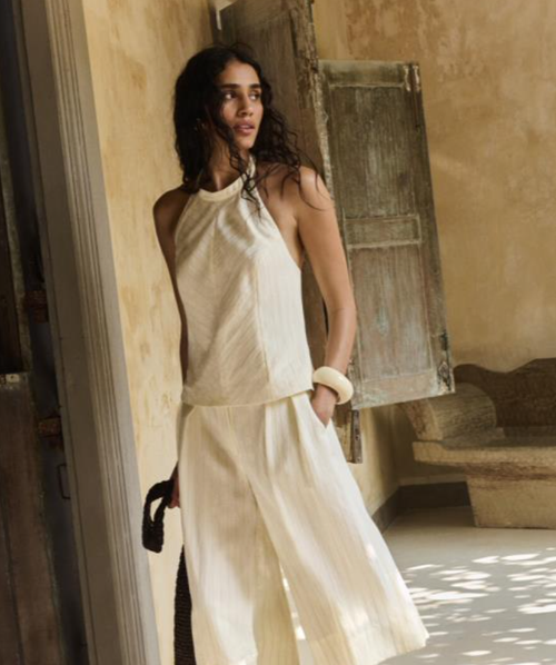 Lyocell Rich Striped Co-ord Culottes in Ecru