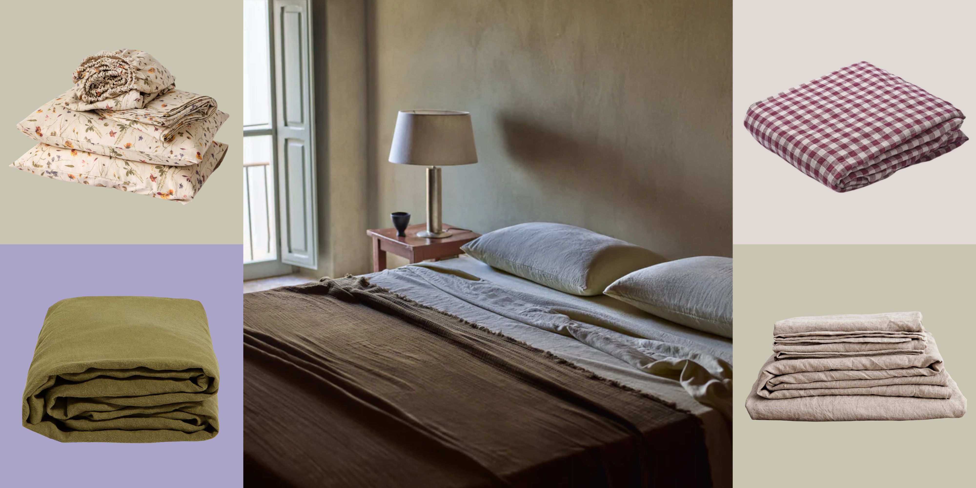 Best linen sheets — some solid, some patterned — pictured against a colorful checkered background. Central, there is an image of a moss green and cream bescape by Rise & Fall.