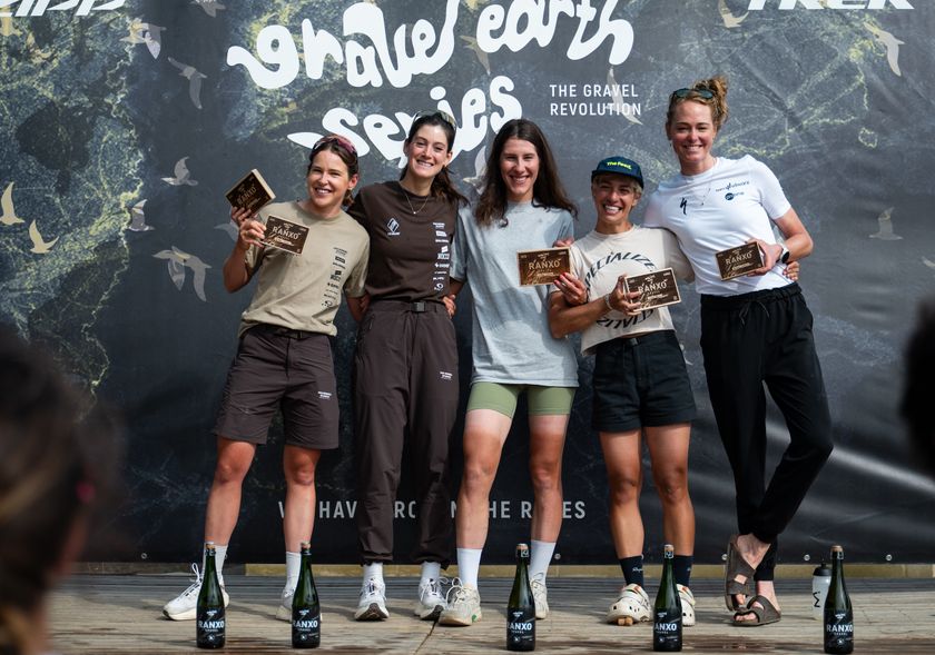 Final top 5 for elite women at 2025 Gravel Earth Series (L to R): Karolina Migoń second, Morgan Aguirre third, overall winner Rosa Klöser, Sarah Sturm fifth, Geerike Schreurs fourth
