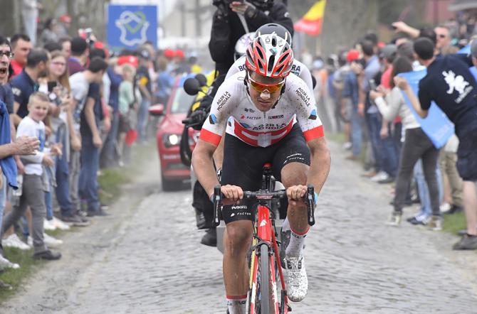 Silvan Dillier (AG2R La Mondiale) leads the breakaway at 2018 Paris-Roubaix