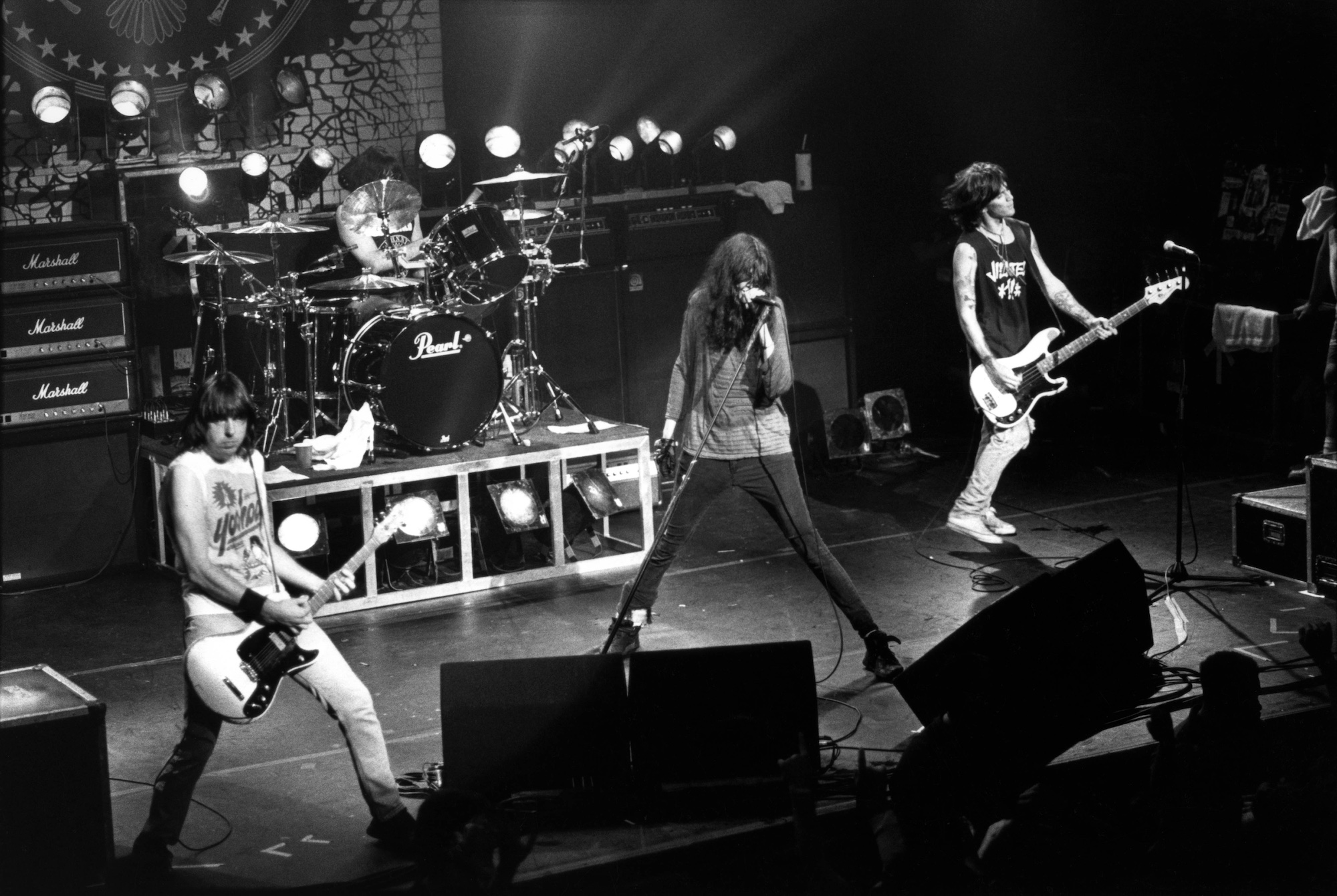 The Ramones, pictured performing onstage in 1990. CJ can be seen on the far right