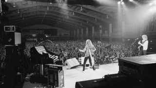 Rush performing onstage at the Stafford Bingley Hall in 1979