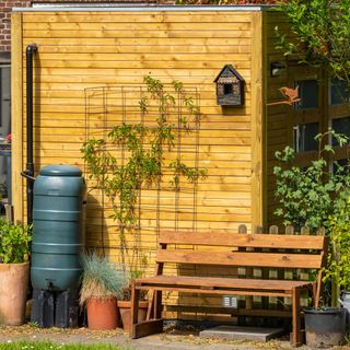 a water butt by a wooden shed in a garden with trellis and plant pots - Milos Ruzicka - GettyImages-1494799426