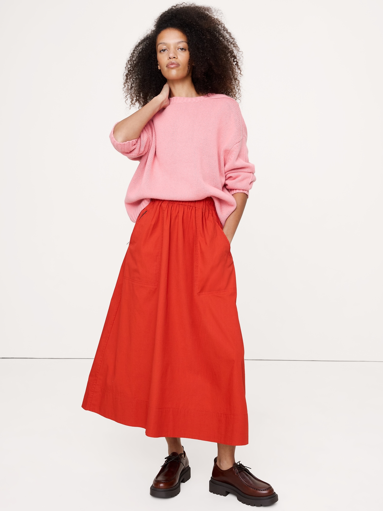 Stretch-Cotton Utility Midi Skirt