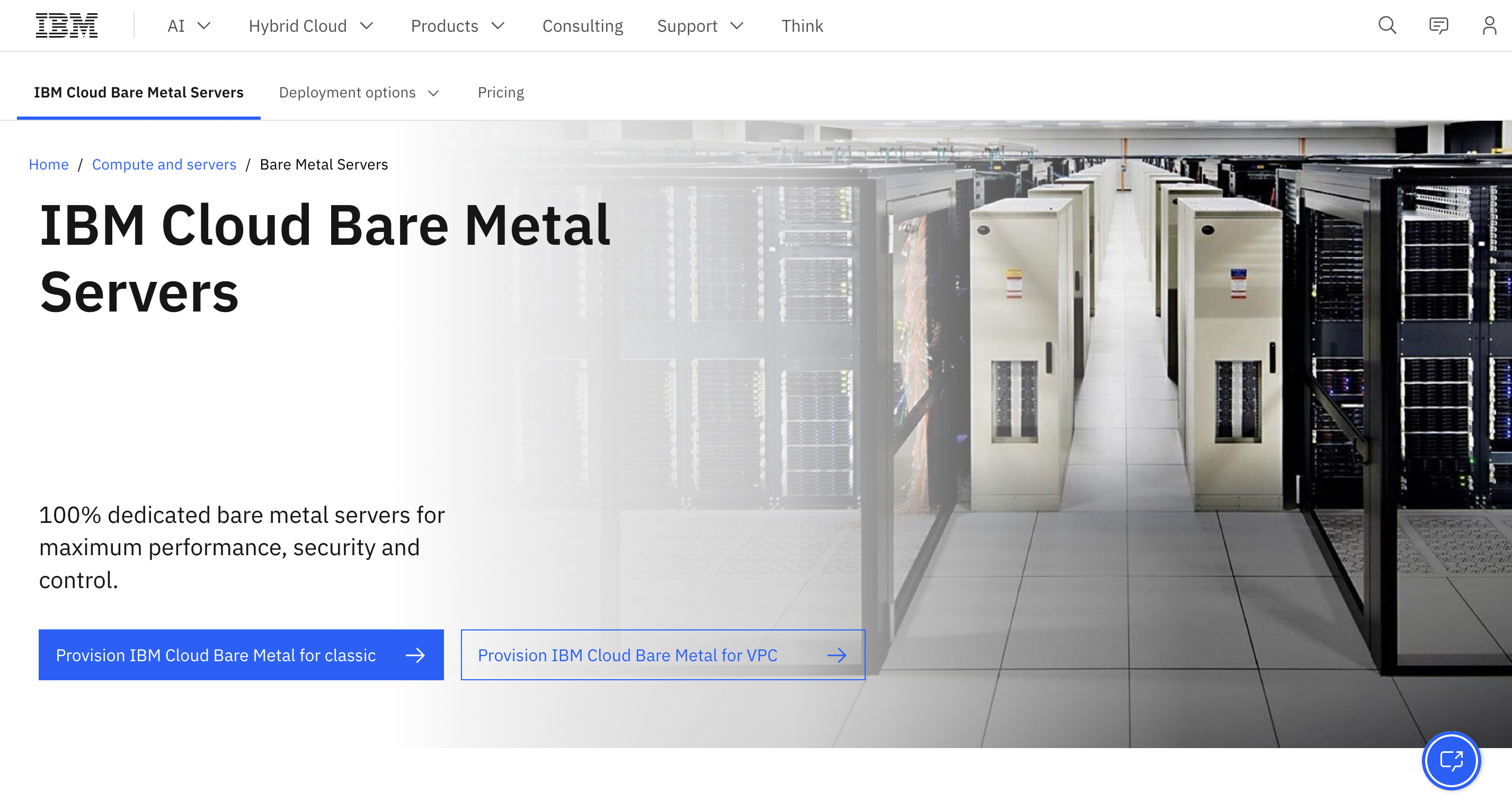 A snapshot of IBM cloud bare metal server web page