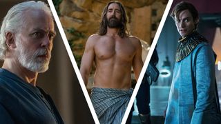 A collage image of a stern-looking Brother Dusk, happy and half-naked Brother Day, and angry-looking Brother Dawn in Foundation season 3