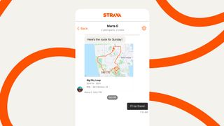 Screenshot of messaging in Strava app, including map with route overlaid in red. Along with assorted details, the messages read:"Here’s the route for Sunday!" and "I'll be there!"