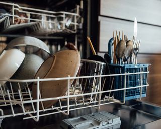 dishwasher ready to be unloaded with cutlery and plates