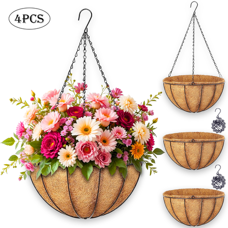 Diigabo 4-Pack Metal Hanging Planter 10-Inch Baskets Coconut Coir Liners Rustproof Iron Frame With Hook for Indoor Outdoor Porch Garden D&amp;eacute;cor
