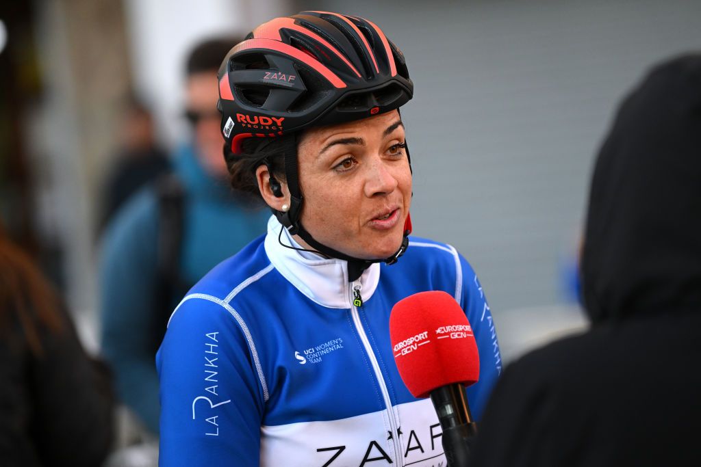 PATERNA SPAIN FEBRUARY 05 Audrey CordonRagot of France and Zaaf Cycling Team meets the media press at start prior to the 5th VCV Fminas GP 2023 a 93km one day race from Paterna to Valencia on February 05 2023 in Paterna Spain Photo by Dario BelingheriGetty Images